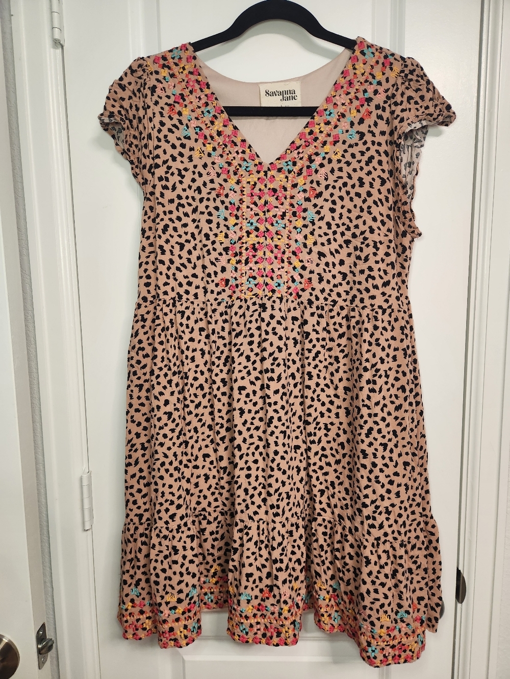 Savanna Jane Pink Dress with Animal Print and Multicolor Embroidered Trim